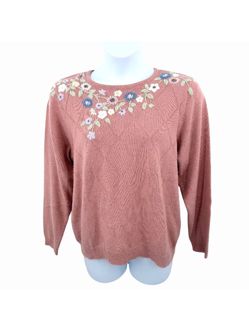 ALFRED DUNNER DUSTY PINK EMBRODERED FLORAL PULLOVER SUPER SOFT SWEATER - L